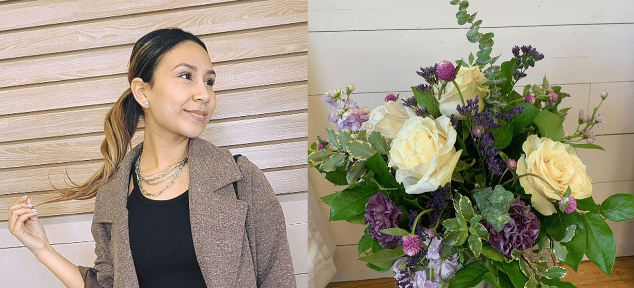 A young lady on the left; the floral arrangement she made on the right.