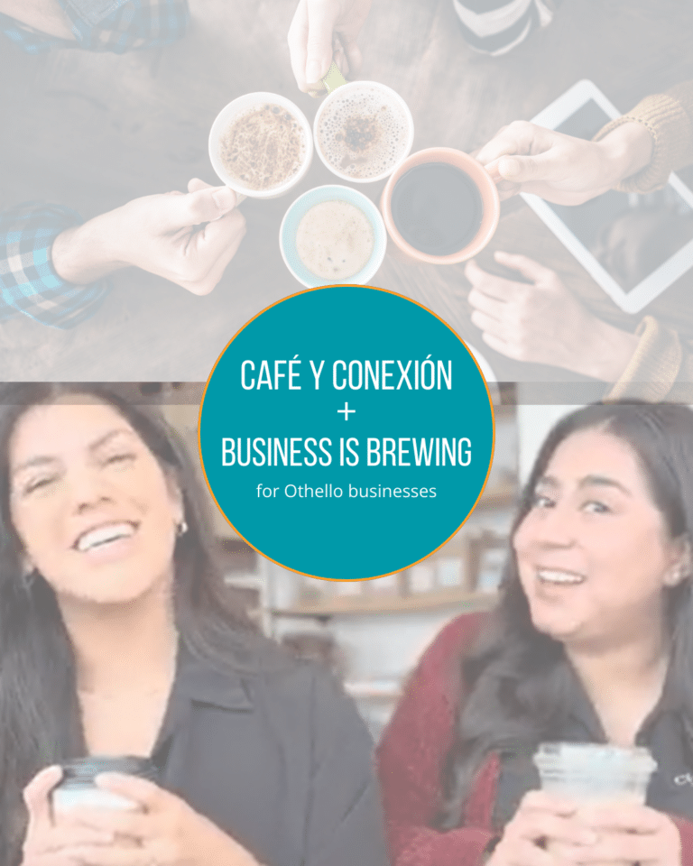 Several hands holding coffee mugs reach in to toast, and a bottom image is of two smiling women, with center text promoting business meetups in Othello.