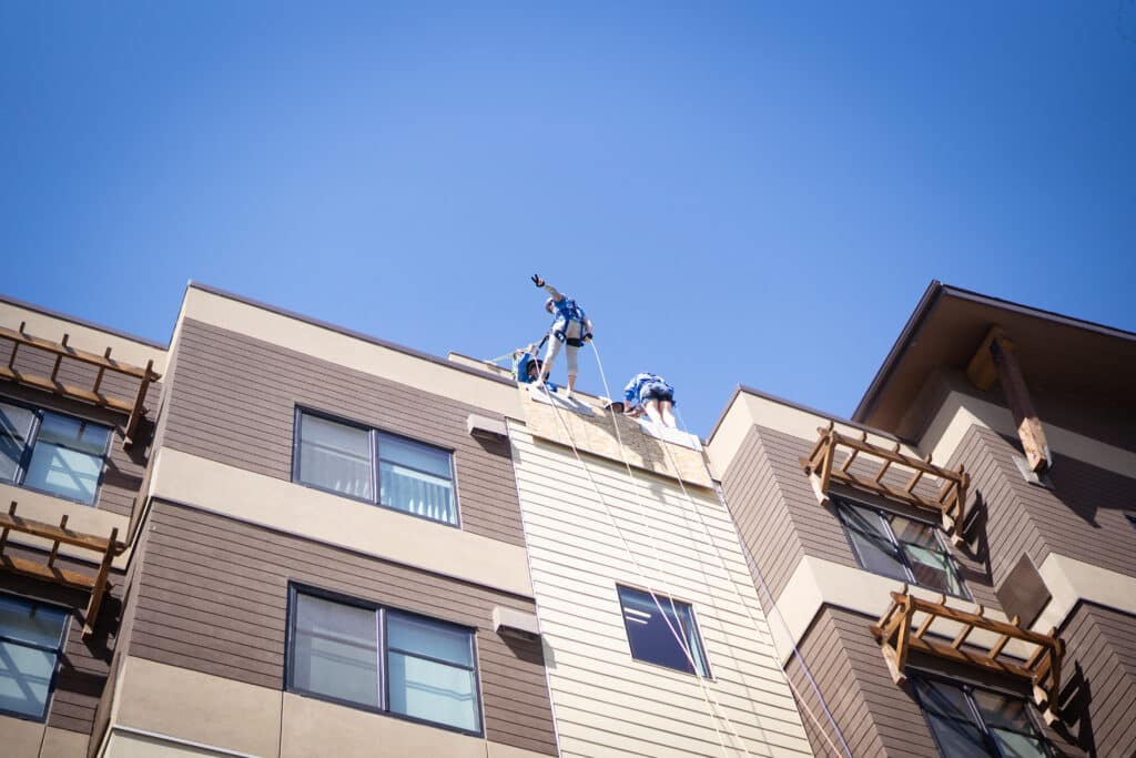 Participants rappelling down the Residence Inn Building during the 2025 CDCAC Over the Edge fundraiser