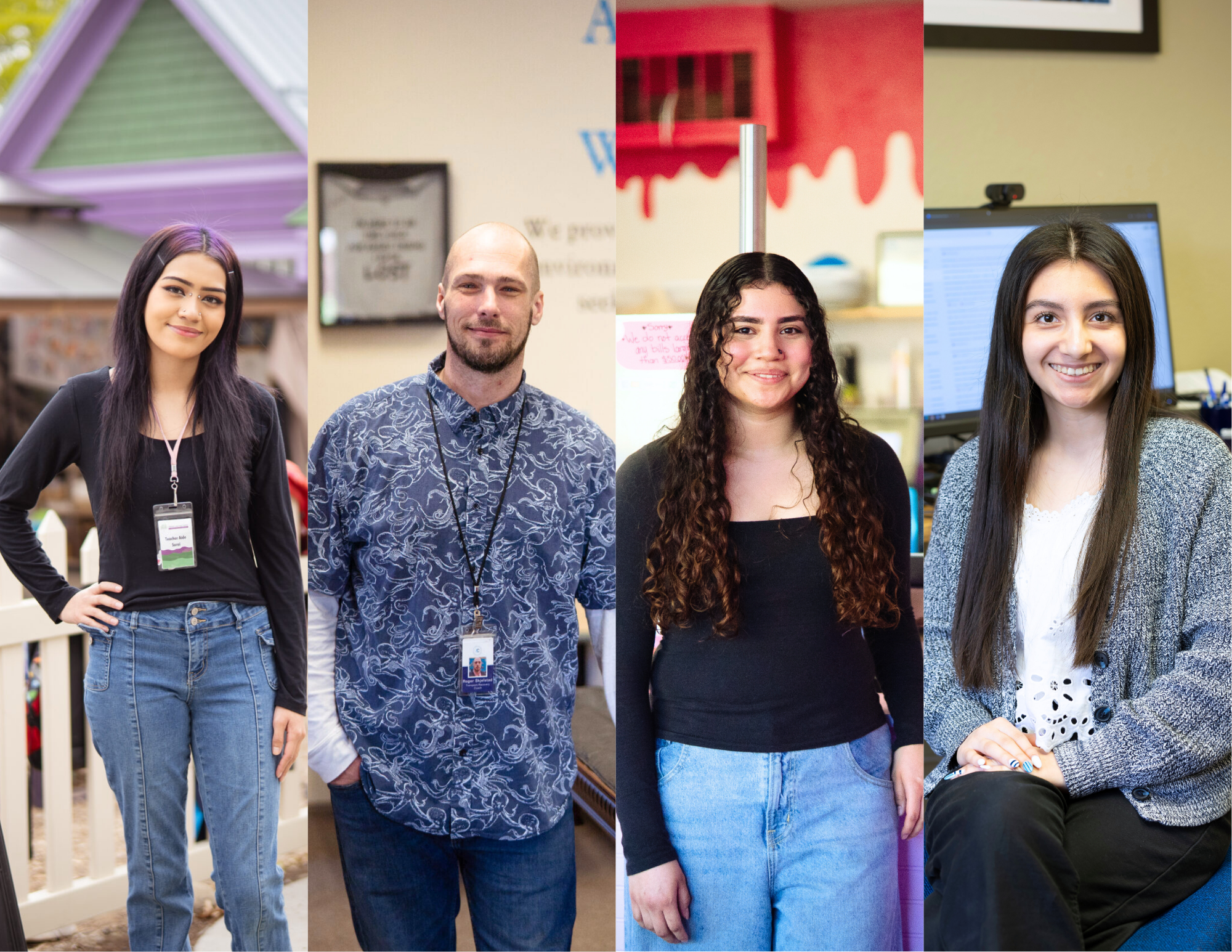 Four side by side vertical images of 3 young women and one man each serving in different internships.