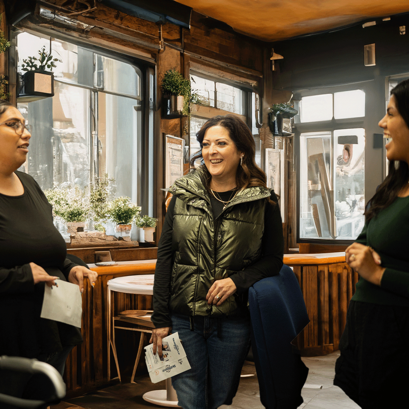 Three hispanic business women meet and laugh in a coffee shop.
